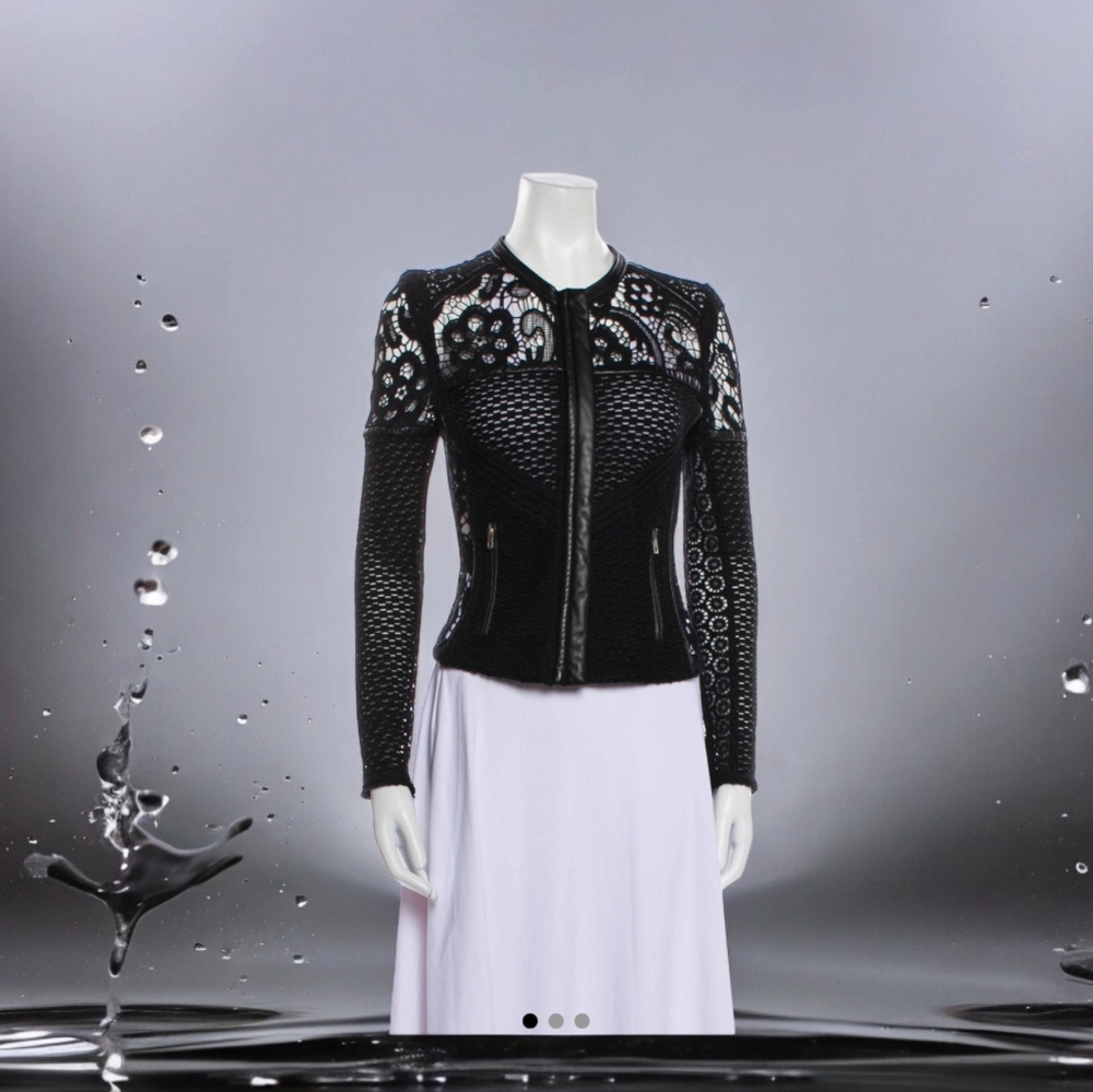 💋DESIGNER Iro Lewis💋. Black Leather and Lace Crochet Jacket Size XS Blazer - Picture 6 of 11